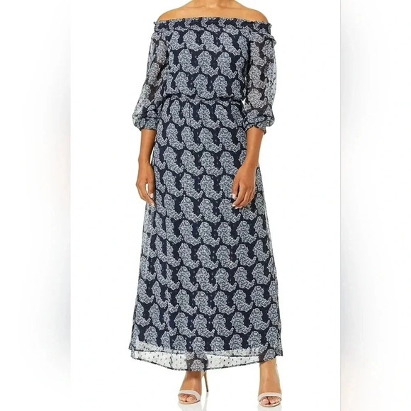 Taylor 6 Floral Chiffon Off Shoulder 3/4 Sleeve Long Maxi Dress Blue Gold Small - Picture 3 of 10